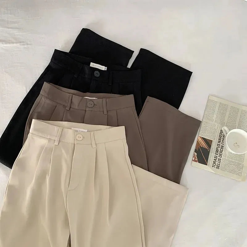 Calça Feminina Cintura Alta - Moda Coreana, Botão Casual, Coleção Outono