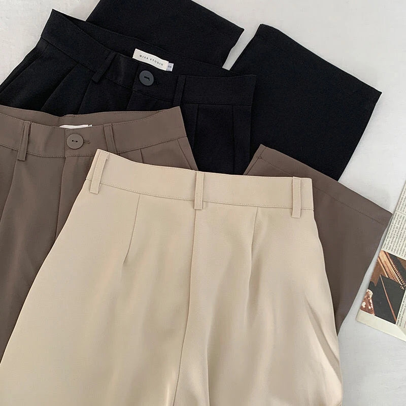 Calça Feminina Cintura Alta - Moda Coreana, Botão Casual, Coleção Outono